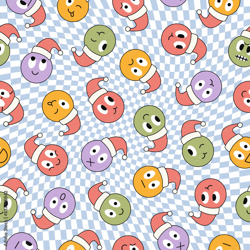 Poster Christmas seamless pattern with round abstract comic faces with various emotions on a checkered background. Different colorful characters. Trendy retro print in style 60s, 70s. Vector illustration.