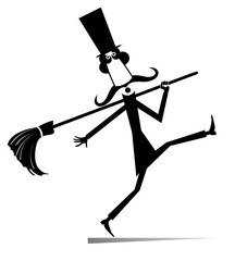 Illustration of the man in the top hat with a big broom. Black and white background