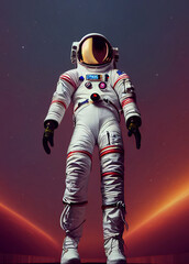 An astronaut standing in front of the camera with light trails in the background