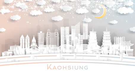 Kaohsiung Taiwan City Skyline in Paper Cut Style with White Buildings, Moon and Neon Garland.