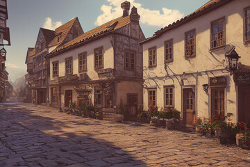 Fototapeta premium Stone houses along narrow steps in an Old European town, artistic illustration