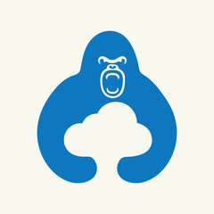 Gorilla Cloud Logo Negative Space Concept Vector Template. Gorilla Holding Cloud Symbol