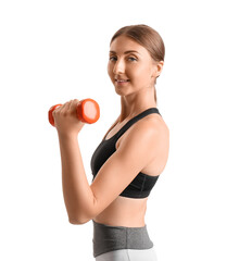 Sporty young woman with dumbbell on white background