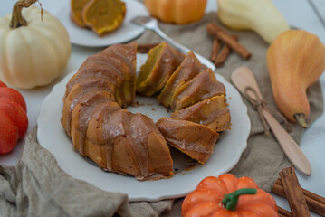 Fresh home made pumpkin bundt cake with cinnamon frosting