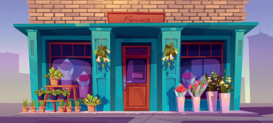 Flower shop facade, traditional store front with bouquets in vases or pots standing on street at commercial floral boutique entrance. Florist market stall city architecture Cartoon vector illustration