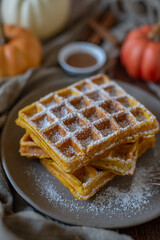 autumn breakfast with pumpkin waffles on table
