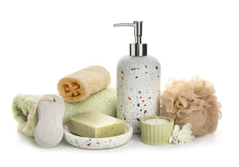 Set of bath supplies with sponges on white background