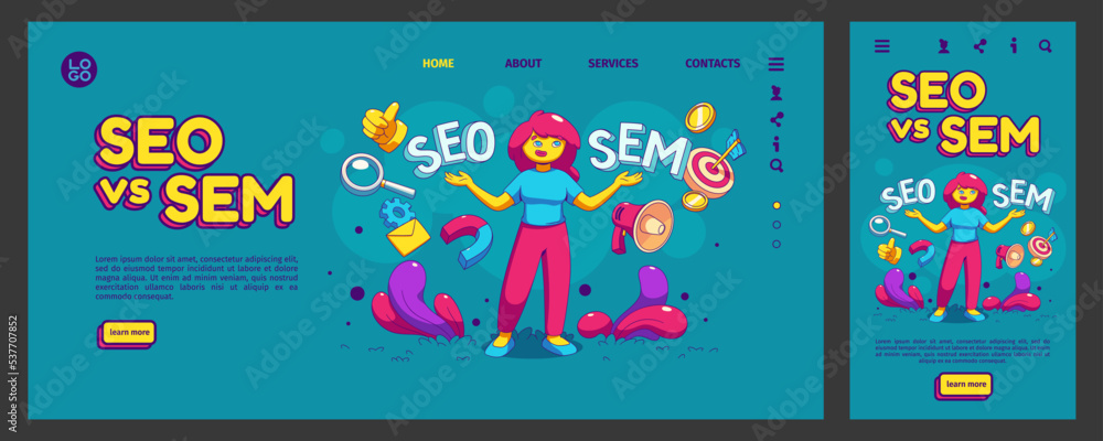 Poster seo vs sem landing page, app ui ux mobile app onboard screen template. contemporary female character