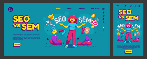 Seo vs Sem landing page, app ui ux mobile app onboard screen template. Contemporary female character provide digital ads marketing and search engine optimization, Cartoon linear vector web banner