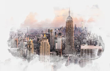 Fotobehang Aquarelschilderij wolkenkrabber New York City skyline with skyscrapers, watercolor drawing