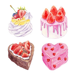 Valentine's day dessert. Watercolor pink cake with strawberries and hearts
