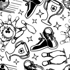 A seamless pattern of hand-drawn elements with a bowling theme. Bowling ball, pins, shoes. Cup. Winning. The ball smashes the pins. Bowling lane. Skittles. Sport. The game. Hit, win.