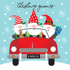 christmas card with gnomes on the car