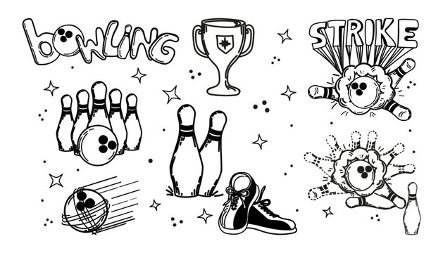 A set of hand-drawn elements with a bowling theme. Bowling ball, pins, shoes. Cup. Victory. Handwritten inscription strike . Ball smashes pins. Flying ball at target. Pins. Sport. Game. Hit, win.