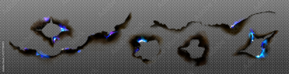 Poster burn paper holes and borders with blue fire. burnt gaps with smoldering edges, charred parchment she