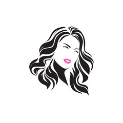 illustration of women long hair style icon, logo women face on white background, vector