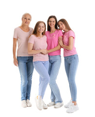 Obraz premium Beautiful women with pink awareness ribbons on white background. Breast cancer concept