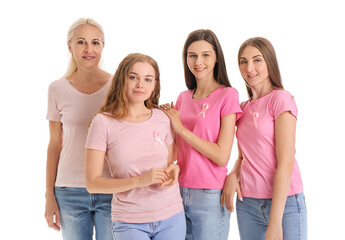 Obraz premium Beautiful women with pink awareness ribbons on white background. Breast cancer concept