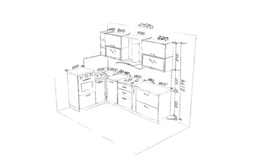 Sketch, drawing of furniture for the kitchen with dimensions