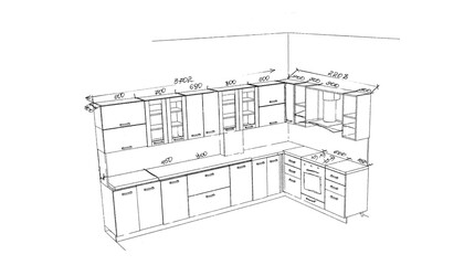 Sketch, drawing of furniture for the kitchen with dimensions