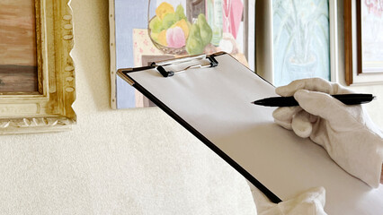 絵画を査定するクリップボードと白手袋の手元 © smile