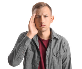 Young man with nosebleed on white background