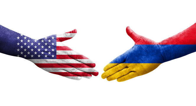 Handshake between Armenia and USA flags painted on hands, isolated transparent image.