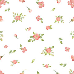 Watercolor gentle seamless pattern with abstract different flowers, leaves. Hand drawn floral illustration isolated on white background. For packaging, wallpaper, wrapping  design or print