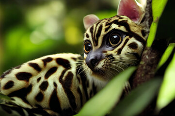 The margay in the jungle with bokeh effect
