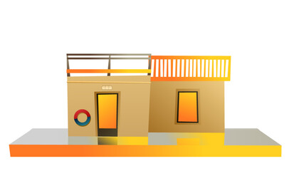 Floating house. Dwelling with small courtyard on water. Isolated on white background. illustration vector.