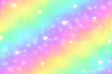 Fototapeta na wymiar Watercolour rainbow background with stars, hearts and sparkles. Gradient holographic abstract backdrop. Vibrant aquarelle wallpaper. Vector illustration.