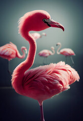 Fototapeta premium Cute cartoon pink flamingo birds in the lake