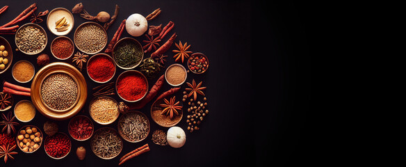 Illustration of colorful spices with copy space for text - obrazy, fototapety, plakaty