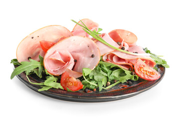 Plate with sliced ham isolated on white background