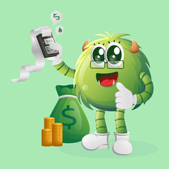 Cute green monster make a payment