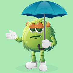 Cute green monster holding umbrella with bored expression