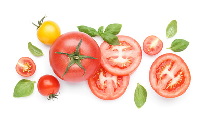 Composition with fresh ripe tomatoes and basil on white background