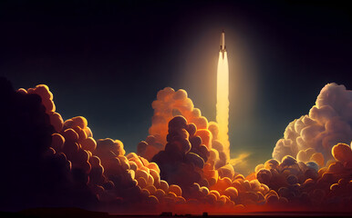 space shuttle liftoff into sky, dramatic lighting reflecting on the cloud - obrazy, fototapety, plakaty