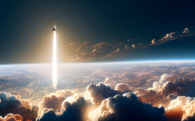 Space shuttle liftoff into sky, earth horizon background