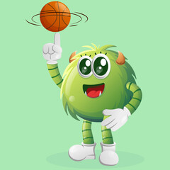Cute green monster playing basketball, freestyle with ball