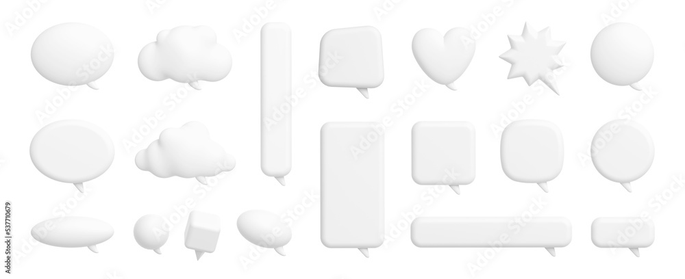 Poster large 3d render set of speech bubbles isolated on background. white chat message icons of cloud, hea