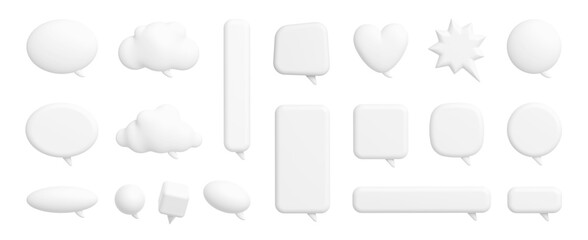 Large 3D render set of speech bubbles isolated on background. White chat message icons of cloud, heart, star, cube, baloon shape, square, round, rectangular. Bundle of messenger app design elements