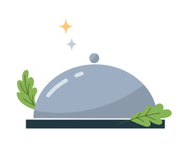 Fototapeta premium Cartoon metal waiter tray under a lid isolated on white. Plate with a lid for hot restaurant dishes from the kitchen. Professional serving utensils. Food order with green leaves. Vector flat design