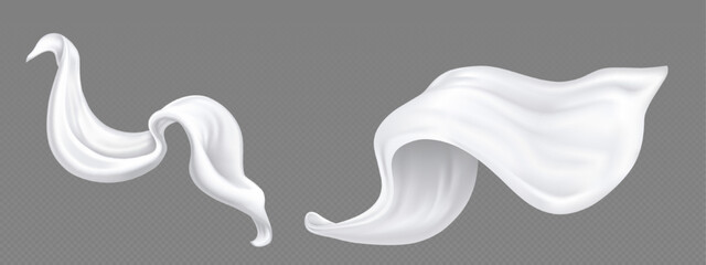 Flying white silk fabric, luxury textile drapery. Billowing satin clothes, scarf, curtains or cape isolated on transparent background, vector realistic illustration