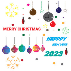  Background set of christmas baubles and happy new year 2023.Set of Christmas and New Year holiday gift cards. Xmas banners, web poster, flyers and brochures, greeting cards, group bright covers.