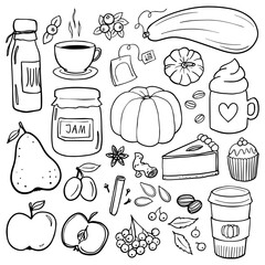 Fall Autumn Yummy Doodle linear outline monochrome vector seasonal illustration set for web digital projects and bullet journal isolated on white background  - 537711621