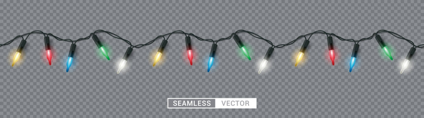 Christmas lights seamless vector design. Christmas garland colorful glowing bulb for xmas holiday decoration background. Vector illustration.