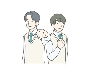 Fototapeta premium 背中合わせで立ってガッツポーズをするライバルや友達のイメージイラスト（長袖・ベスト）