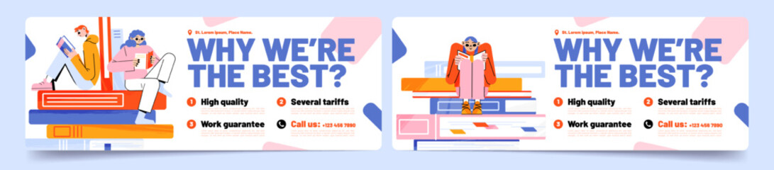Why we are best banner. Advertising poster of business company with information for customers. Book store, club or library advertisement with people read books, vector flat illustration