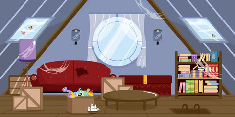 Vector illustration of interior abandoned room. Cartoon interior with torn sofa, bunch of boxes, shelf with old books, toys, chest, lamp and everything is hung with cobwebs.